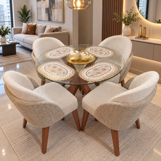 Comedor redondo de 4 sillas con tablero de vidrio y sillas en tela chenil beige - Deco Muebles