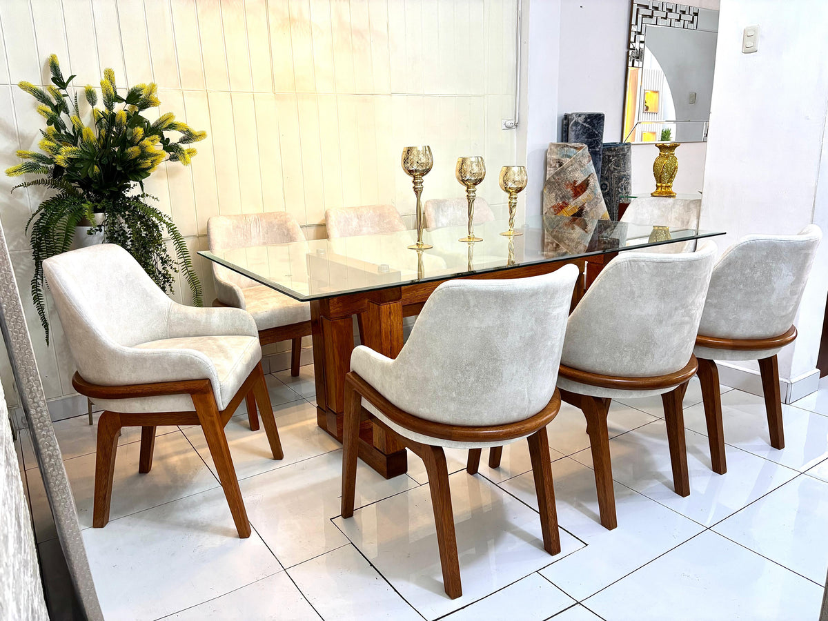 Juego de comedor Ninet de 8 sillas con mesa de vidrio y madera tornillo - Deco Muebles