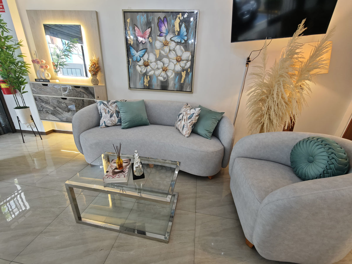 Juego de sala seccional 3 cuerpos curvo tapizado en tela gris con butaca - Deco Muebles curvo

