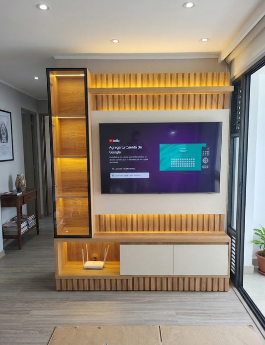Centro de entretenimiento para TV 65 pulgadas con vitrina iluminada