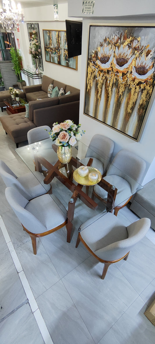 Comedor Beni de 6 y 8 sillas con mesa de vidrio y base de madera tornillo en X - Deco Muebles