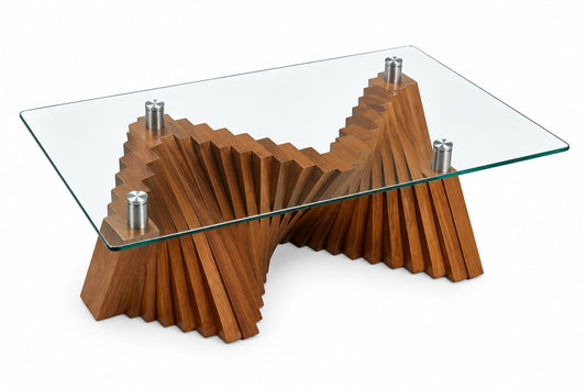 Mesa de centro de diseño con base ondulada en madera tornillo y tablero de vidrio, Deco Muebles