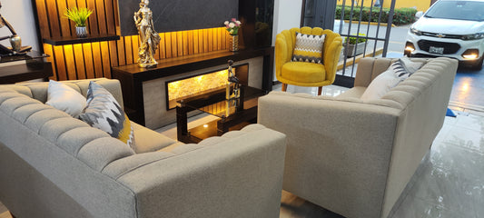 Mueble Abanico Lineal 3-2 con butaca amarilla tipo concha - Deco Muebles
