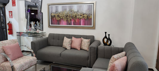 Mueble Alondra 3-2 en tela gris con patas de acero inoxidable y cojines rosados - Deco Muebles